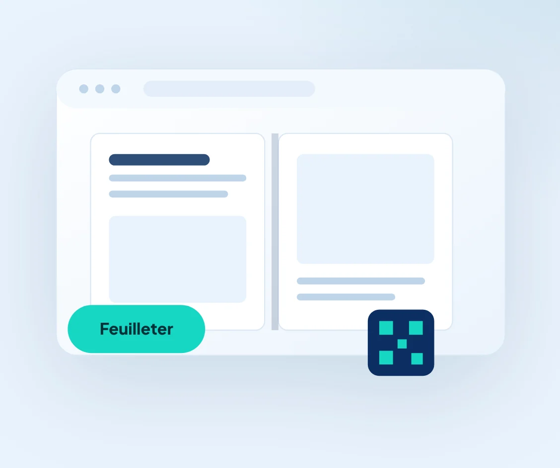 Un catalogue Folyo ouvert en double page, avec son bouton Feuilleter et son QR code